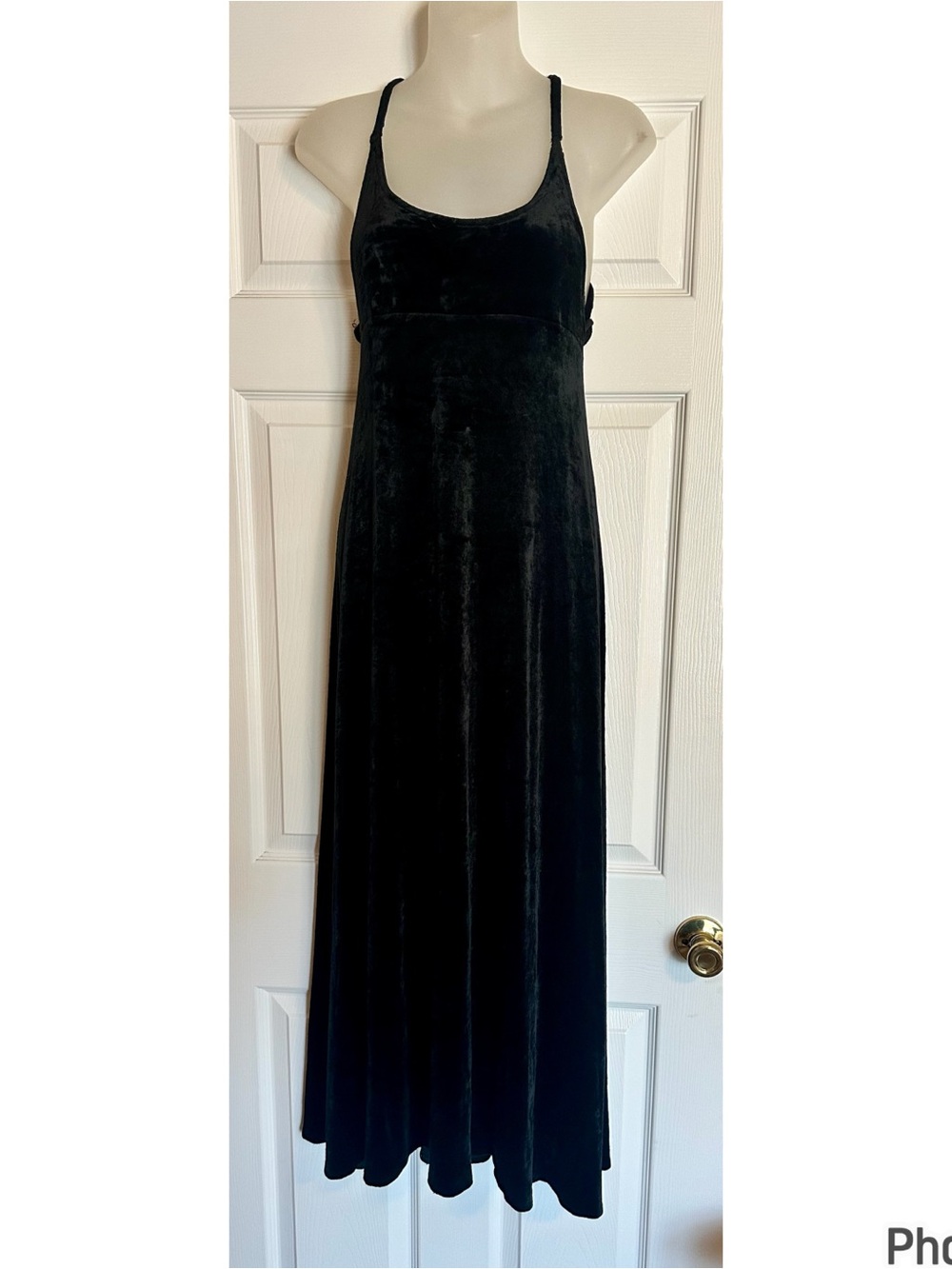 Vintage Express Tricot Black Velvet Maxi Dress with Scoop Neck and Open Tie Back